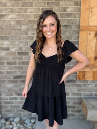 Black Flutter Sleeve Smocked Tiered Sweetheart Woven Dress w/ Side Pockets