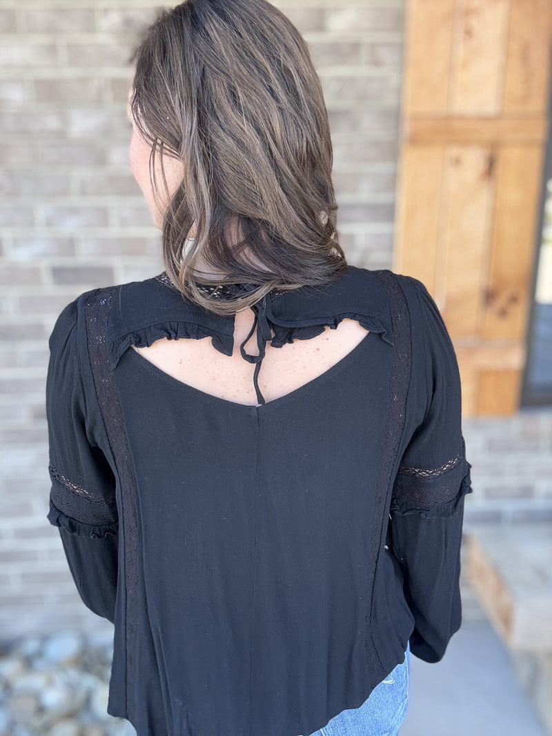 2808- Black Gauze Crochet Top w/ Long Sleeve