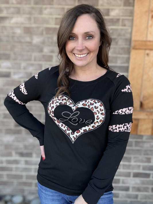 8549- Black Long Sleeve Top w/ Leopard Cut Sleeves & Leopard LOVE Heart Appliqué