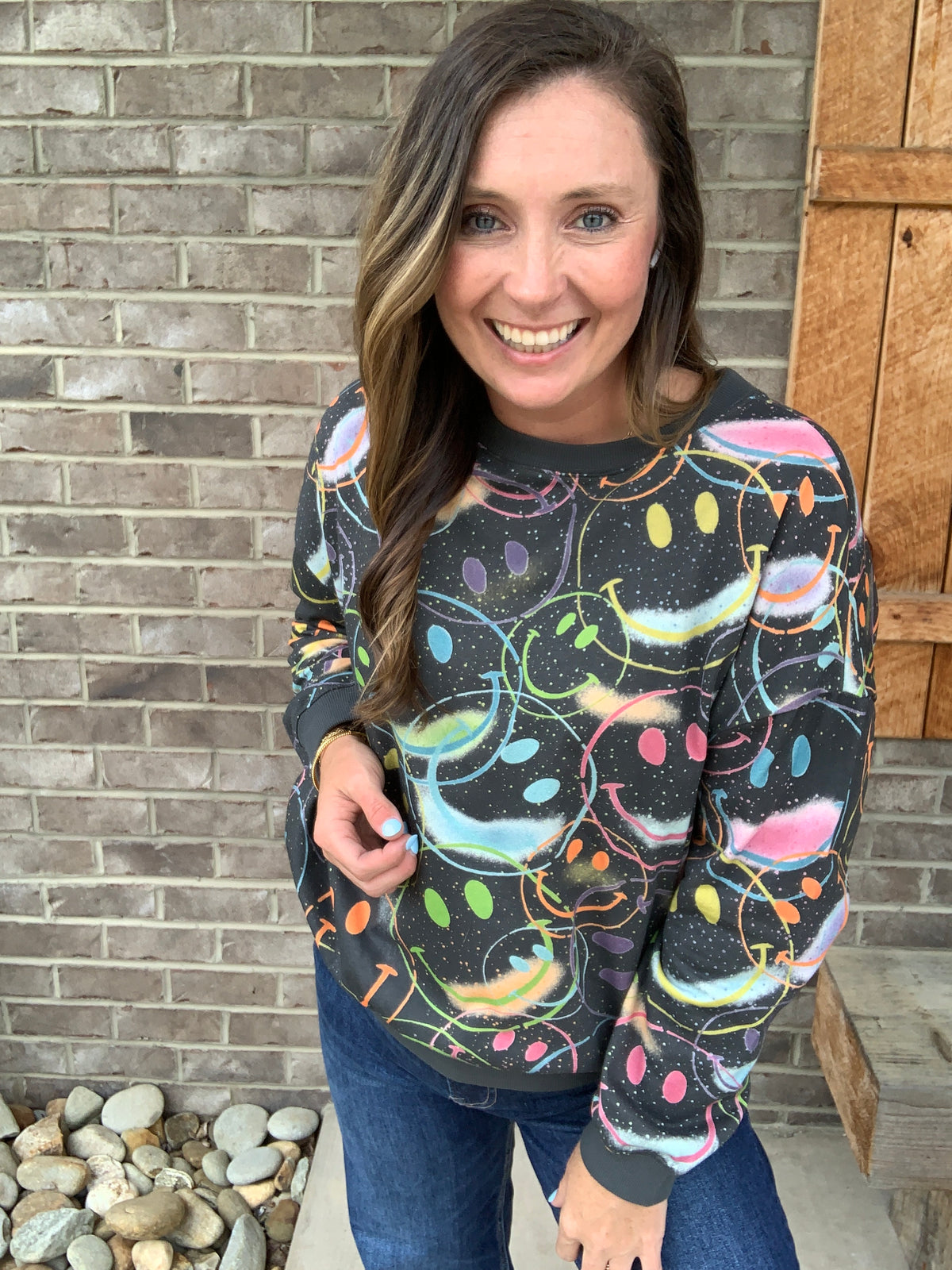 Black Multi Color Smiley Face Pullover by Easel