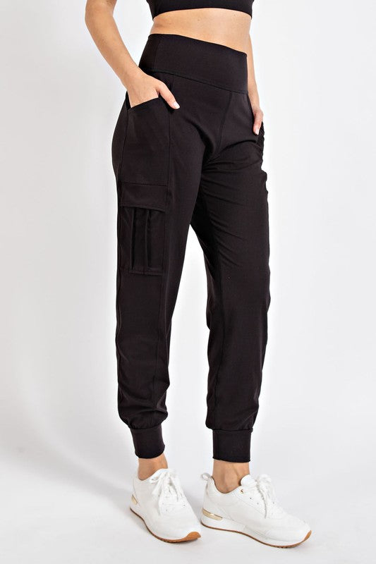 2368- Black Solid Joggers Style Leggings w/ Side Pocket