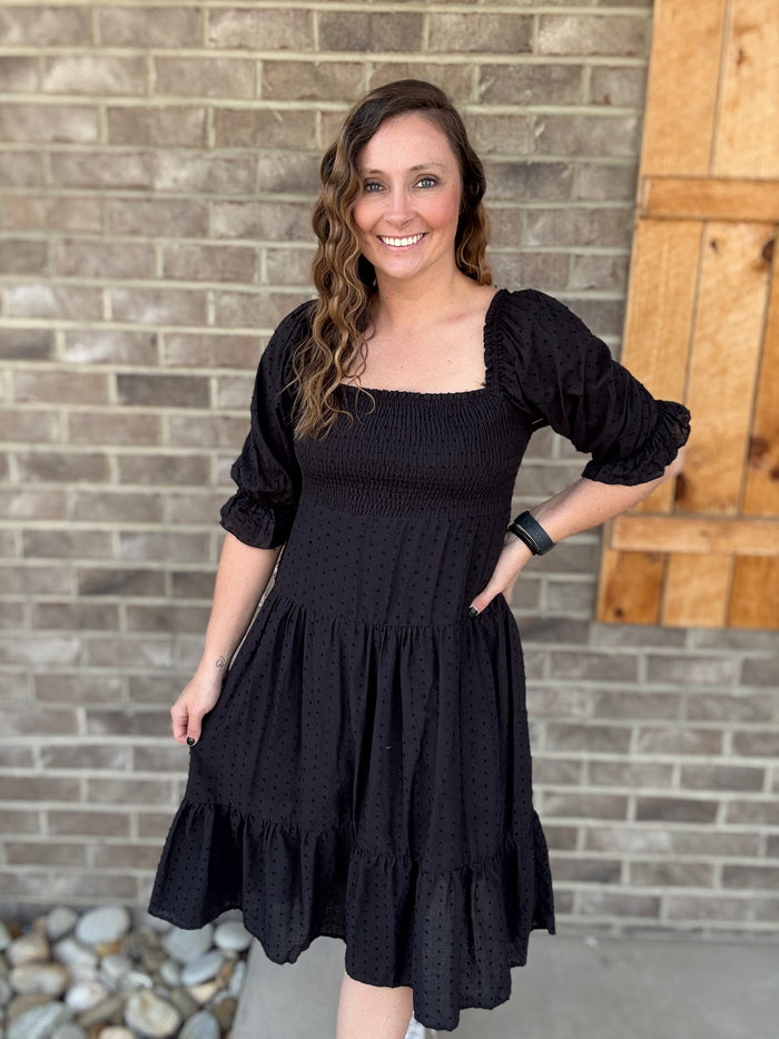 Black Sheered Swiss Dot Tiered Dress