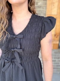 Black Textured Bubble Sleeve W/ Bow Detail Flare Dress