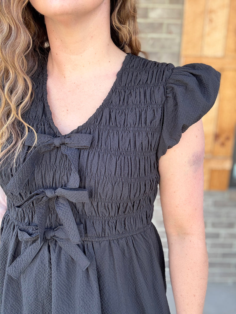 Black Textured Bubble Sleeve W/ Bow Detail Flare Dress