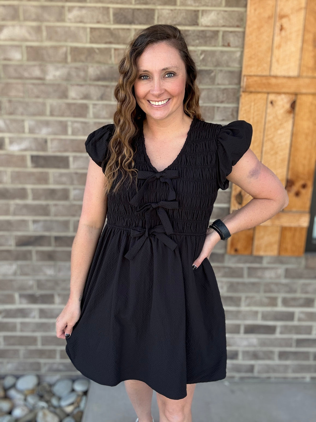 Black Textured Bubble Sleeve W/ Bow Detail Flare Dress