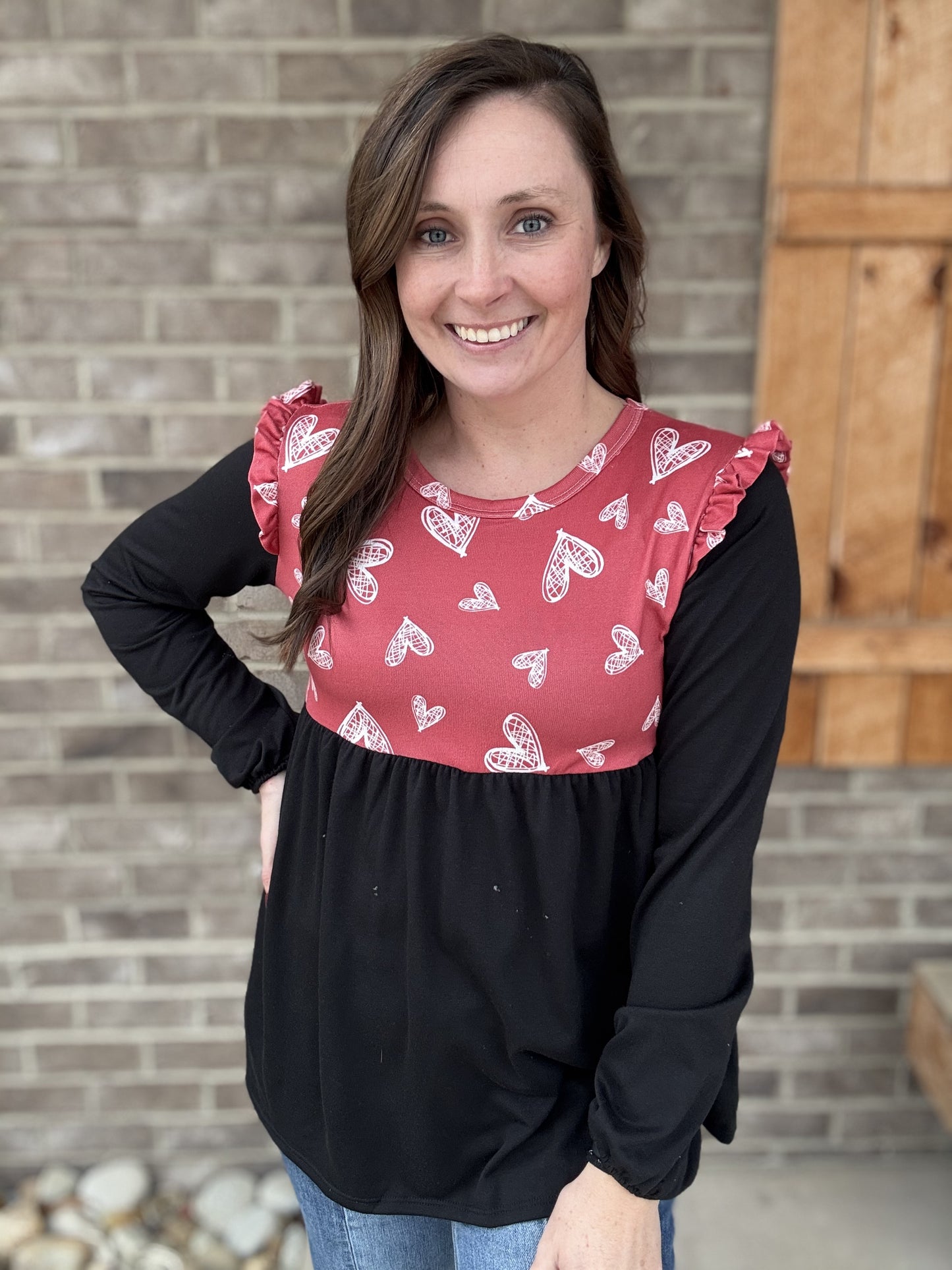 8460- Black Valentines Babydoll Top w/ Red Hearts