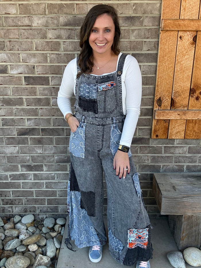 Black Washed Multi Patchwork Denim Overalls by Oli & Hali