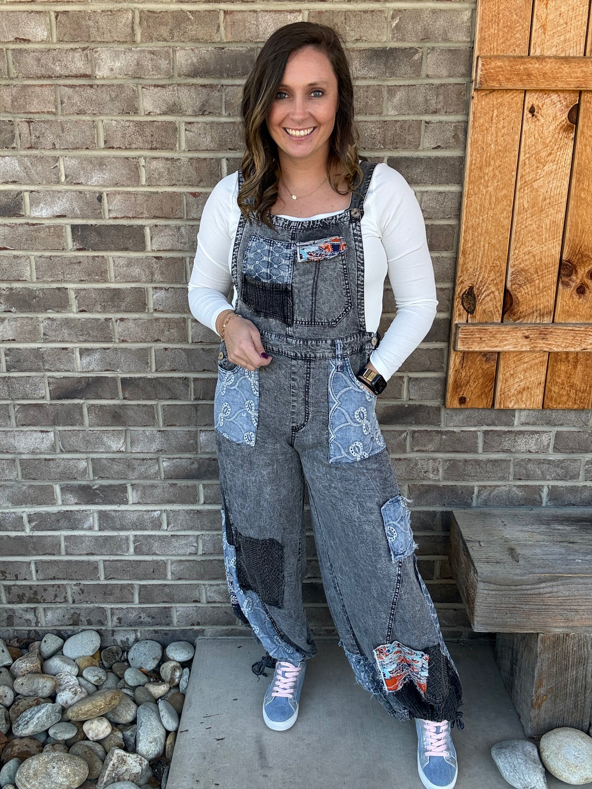 Black Washed Multi Patchwork Denim Overalls by Oli & Hali