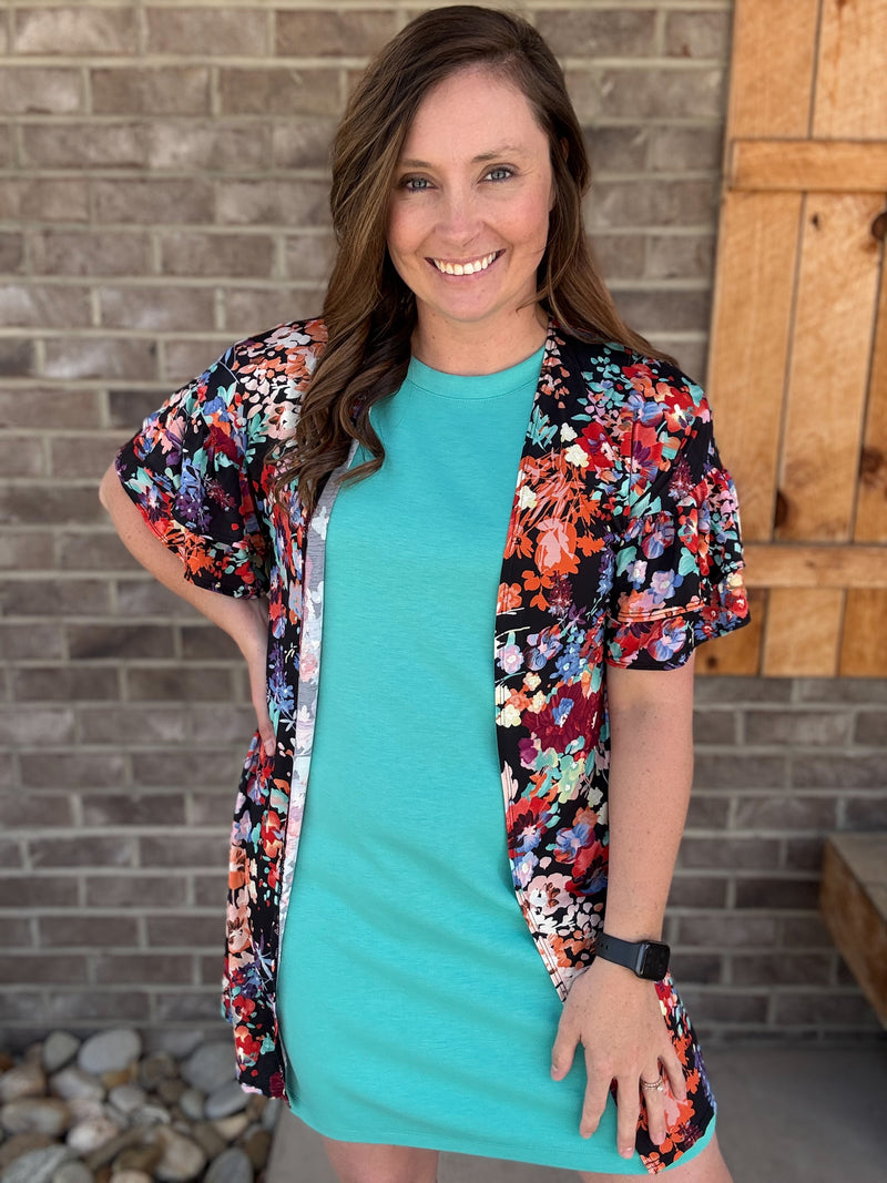 Black Wrinkle Free Ruffle Sleeve Floral Print Cardigan