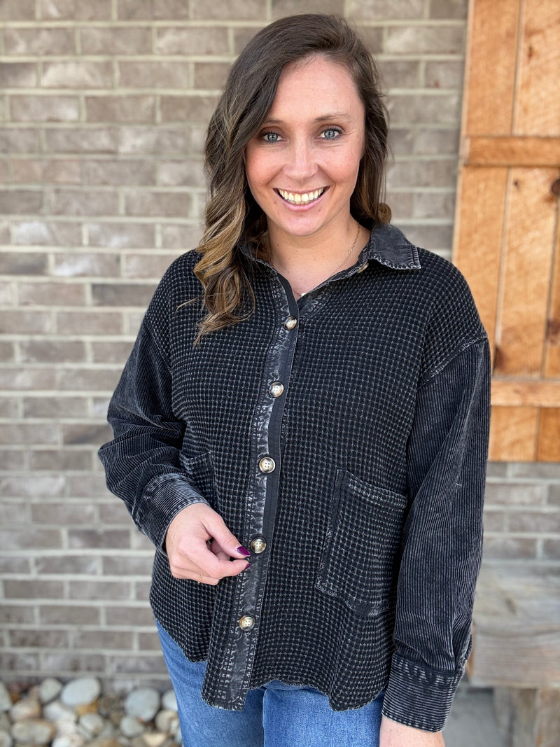 Black Corduroy Mix Thermal Washed Shacket by Easel
