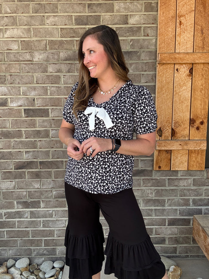 Black Floral Print Short Sleeve Top w/ Bow Detail