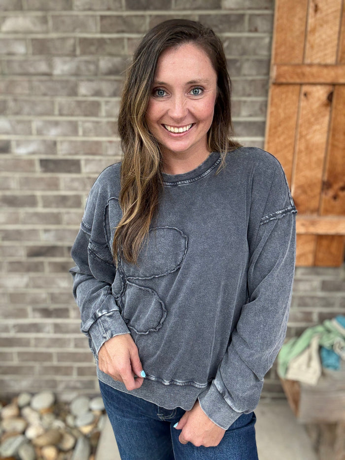 Black Flower Patch Washed Terry Pullover by Easel