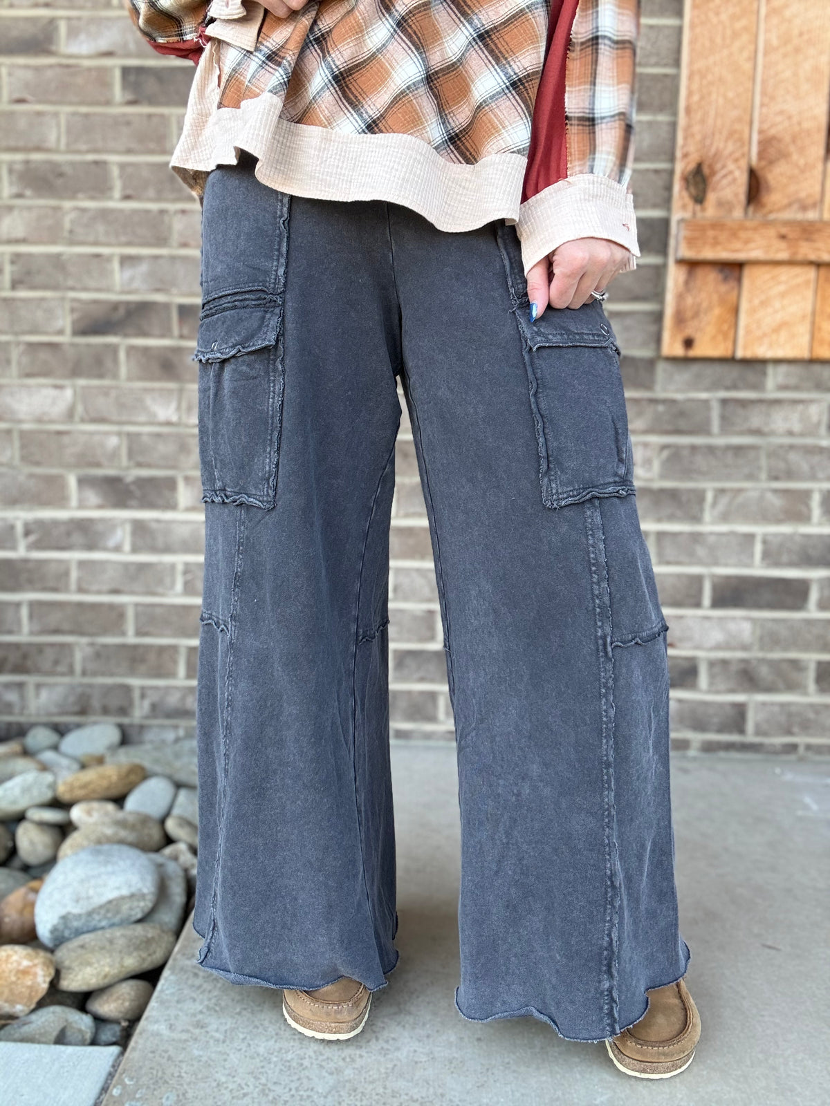 Black French Terry Pull On Cargo Pants by by Easel