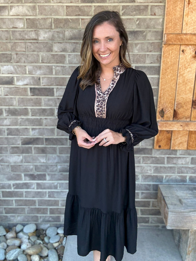 Black Midi Dress with Leopard Trim and Smocked Waist by Umgee