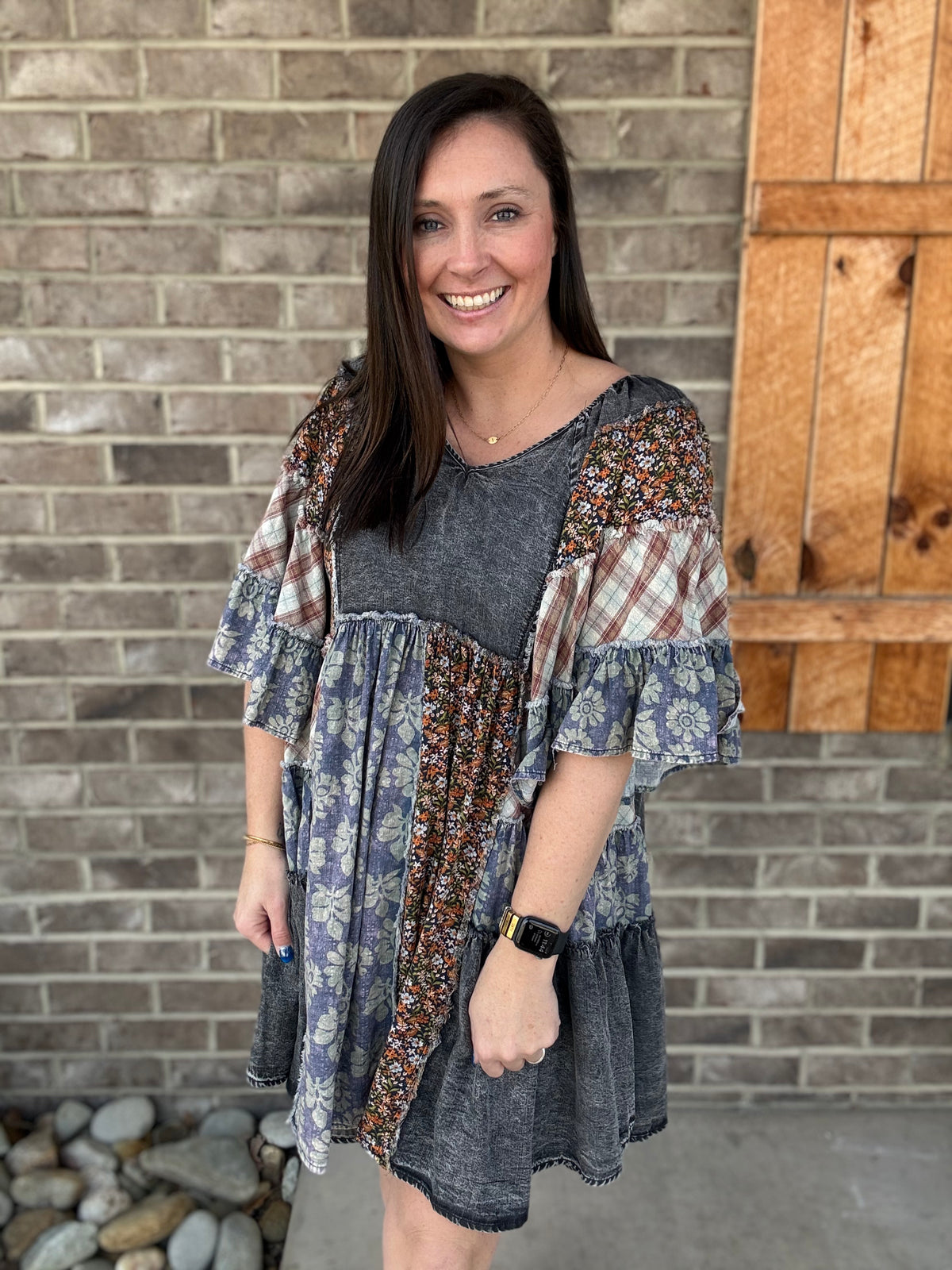 Black Washed Mix Printed Tiered Ruffle Tunic Top by Oli & Hali