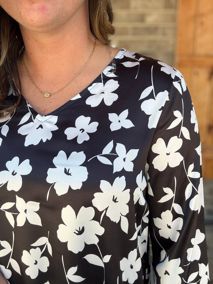 Black & White V-Neck Waterfall High-Low Sleeve Top by Haptics