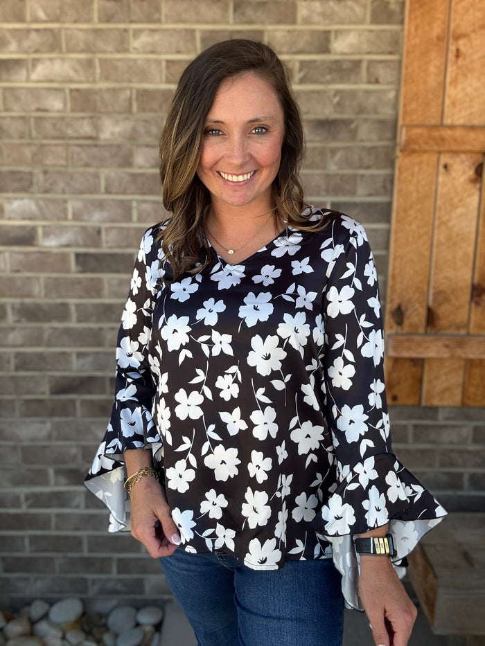 Black & White V-Neck Waterfall High-Low Sleeve Top by Haptics