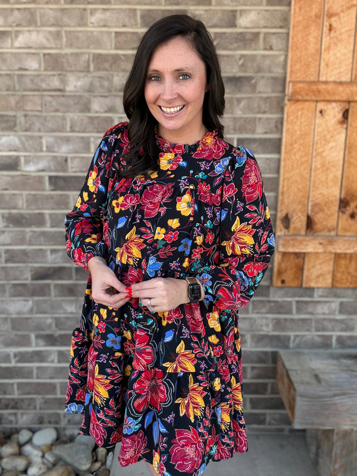 Black and Red Frilled Mock Neck Yoke Bubble Long Sleeve Tiered Knee Length Dress by Haptics