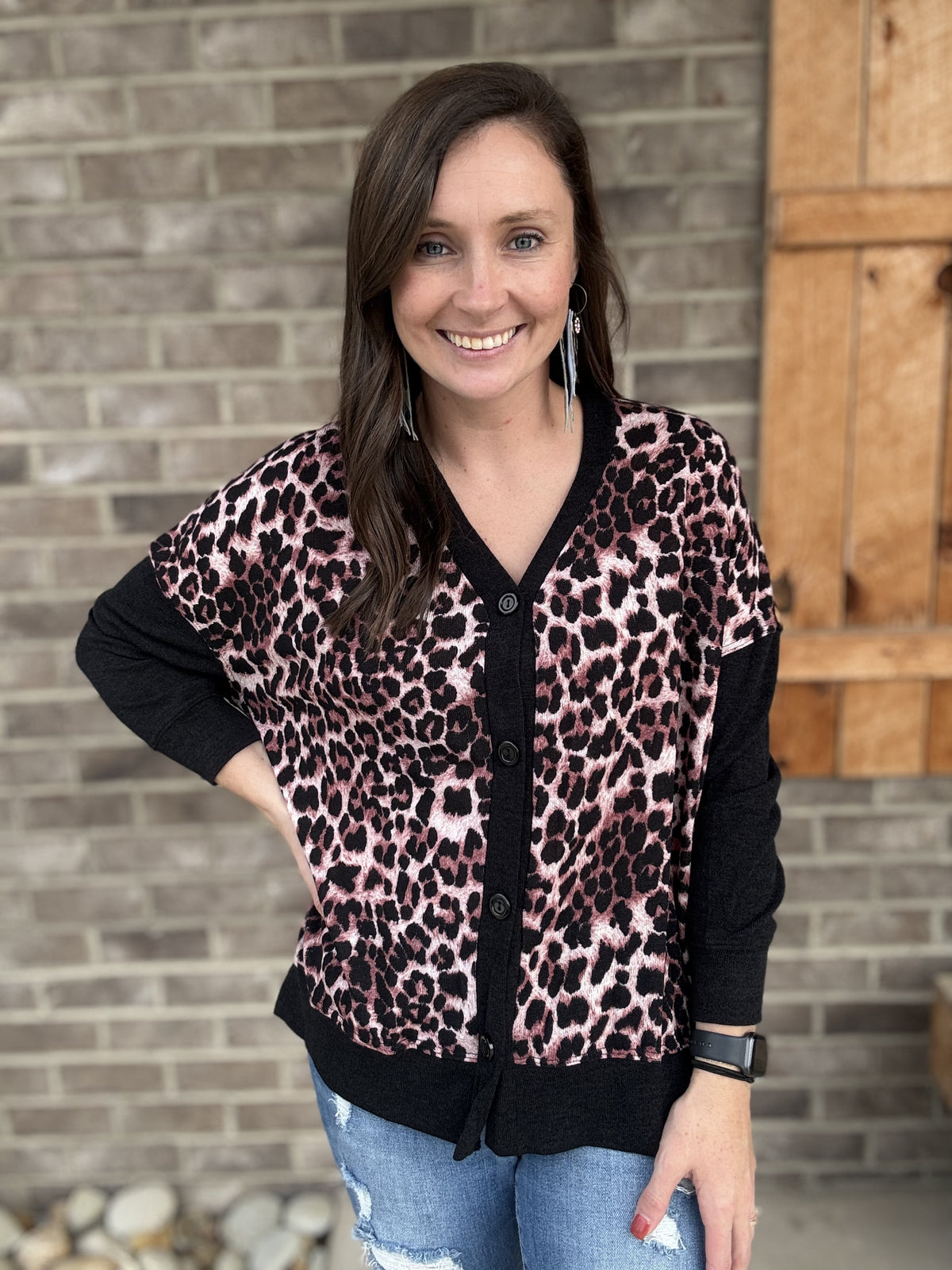 3837- Black w/ Mauve Animal Print Button Down Cardigan