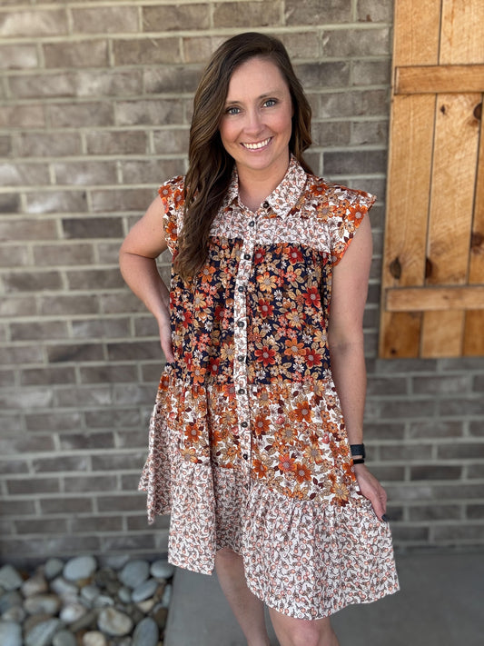 Black w/ Multi Mix Color Printed Floral Button Down Dress by BiBi