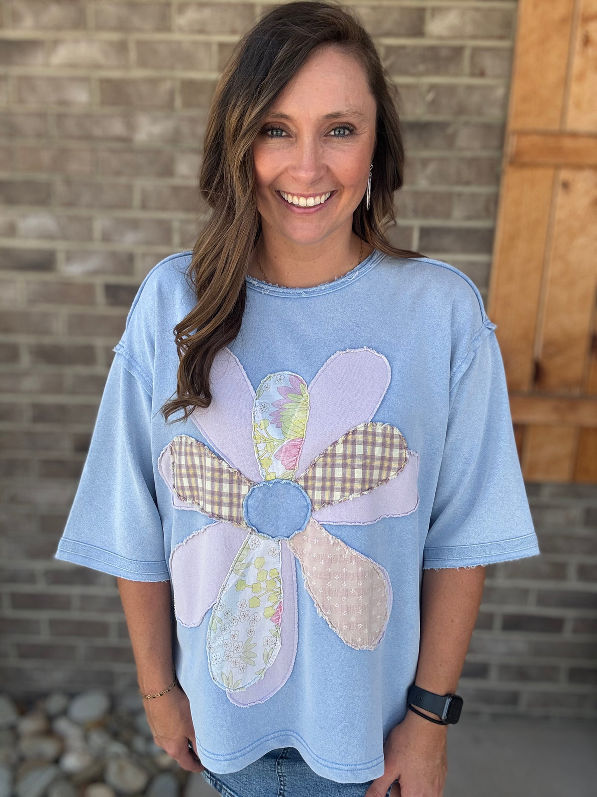 Blue Flower Patch Mineral Wash French Terry Short Sleeve Top by Easel