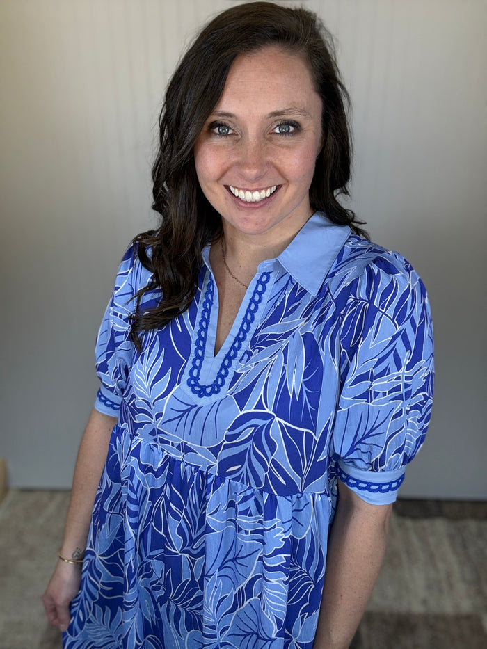 Blue Leafy Border Print V-Neck Midi Dress by Umgee