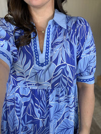 Blue Leafy Border Print V-Neck Midi Dress by Umgee