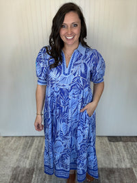 Blue Leafy Border Print V-Neck Midi Dress by Umgee