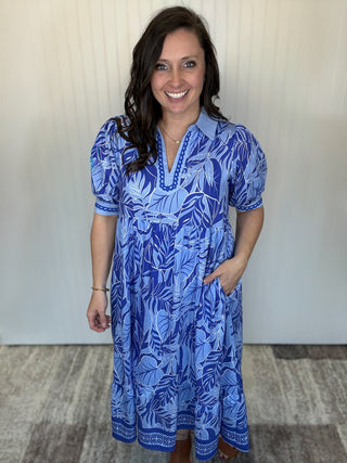 Blue Leafy Border Print V-Neck Midi Dress by Umgee