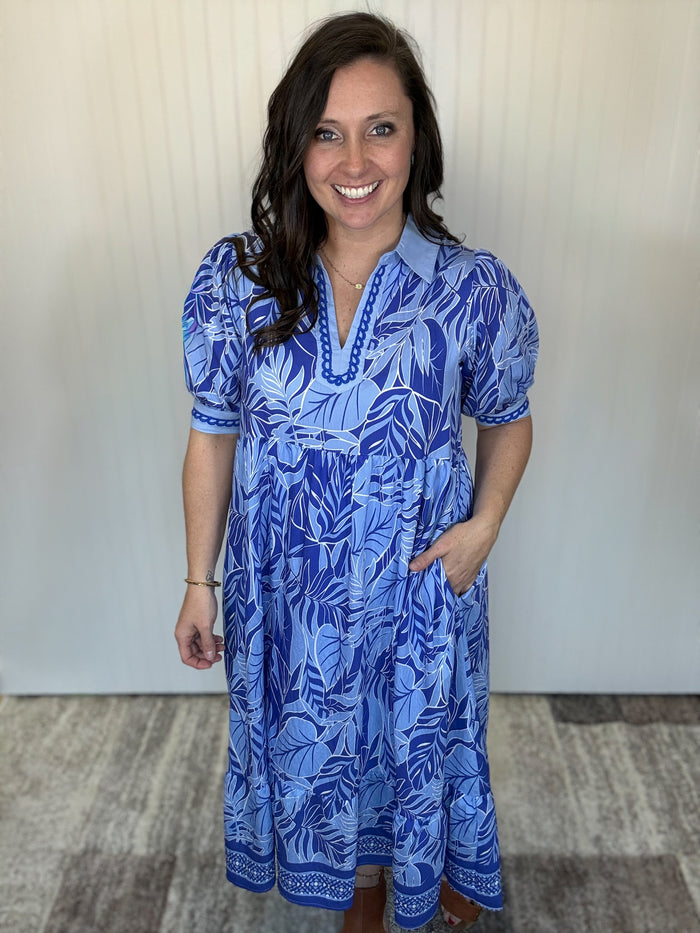Blue Leafy Border Print V-Neck Midi Dress by Umgee