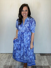 Blue Leafy Border Print V-Neck Midi Dress by Umgee