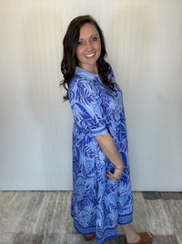 Blue Leafy Border Print V-Neck Midi Dress by Umgee