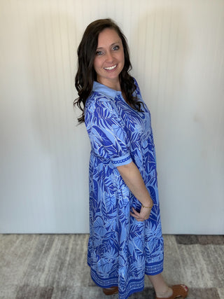 Blue Leafy Border Print V-Neck Midi Dress by Umgee