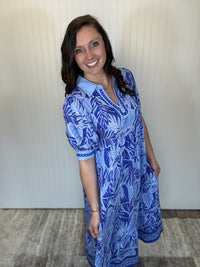 Blue Leafy Border Print V-Neck Midi Dress by Umgee