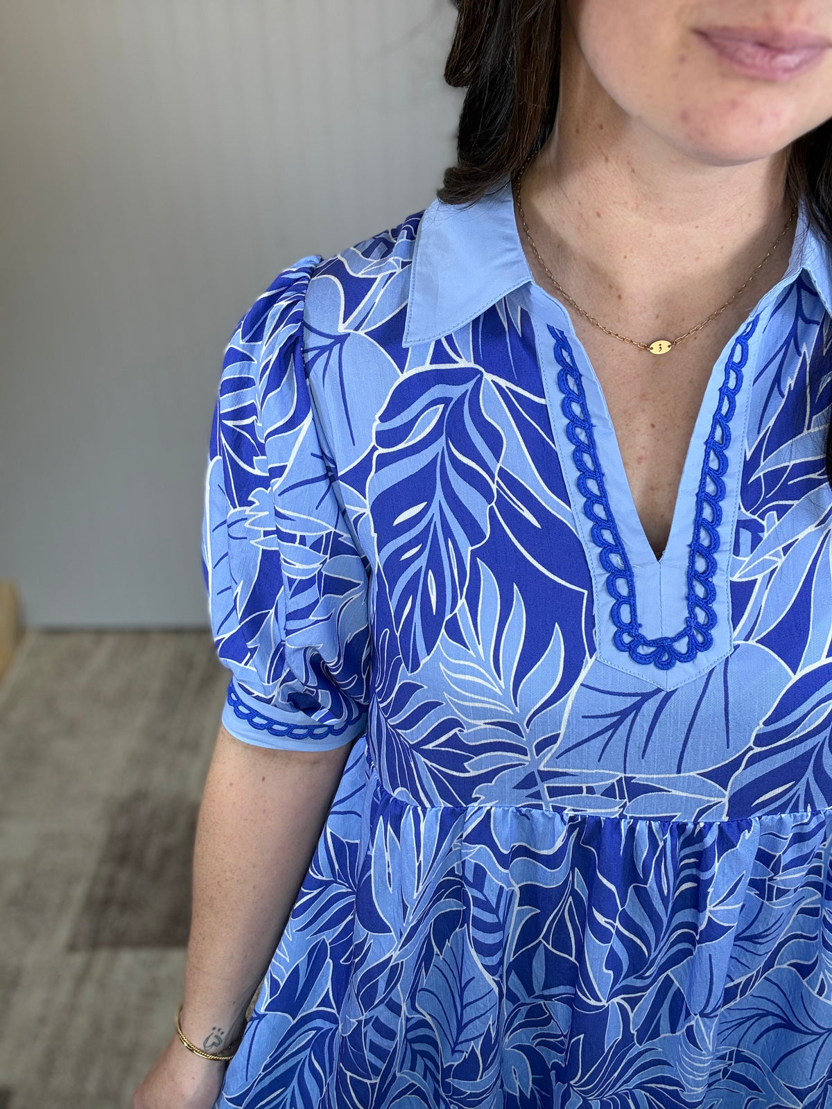 Blue Leafy Border Print V-Neck Midi Dress by Umgee