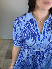 Blue Leafy Border Print V-Neck Midi Dress by Umgee