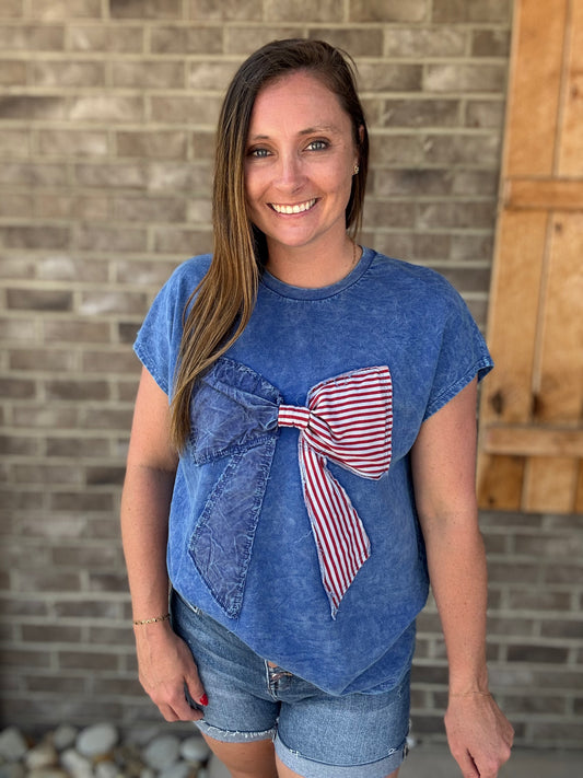 Blue Mineral Washed Americana Bow Boxy Sleeve Top by J. Her