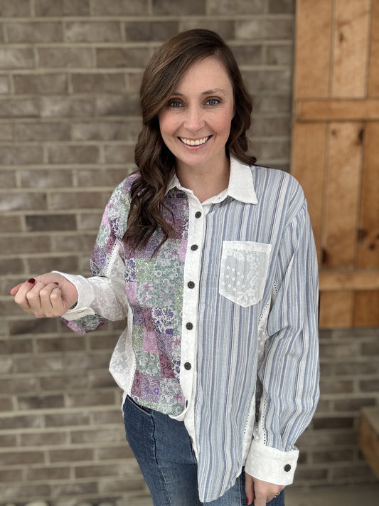 3013- Blue Multi Button Down Long Sleeve Top w/ Floral Sleeve Detail