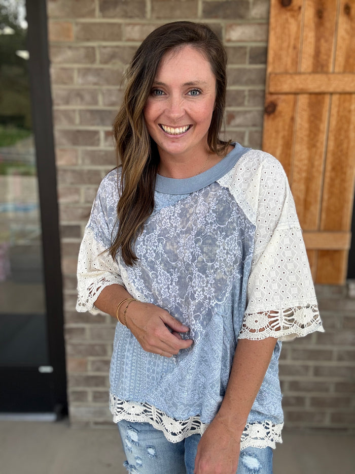 Blue Patchwork Lace Mineral Wash Top by Oli & Hali