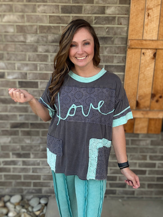 Blue Washed Eyelet Love Patch Short Sleeve Top by Oli & Hali
