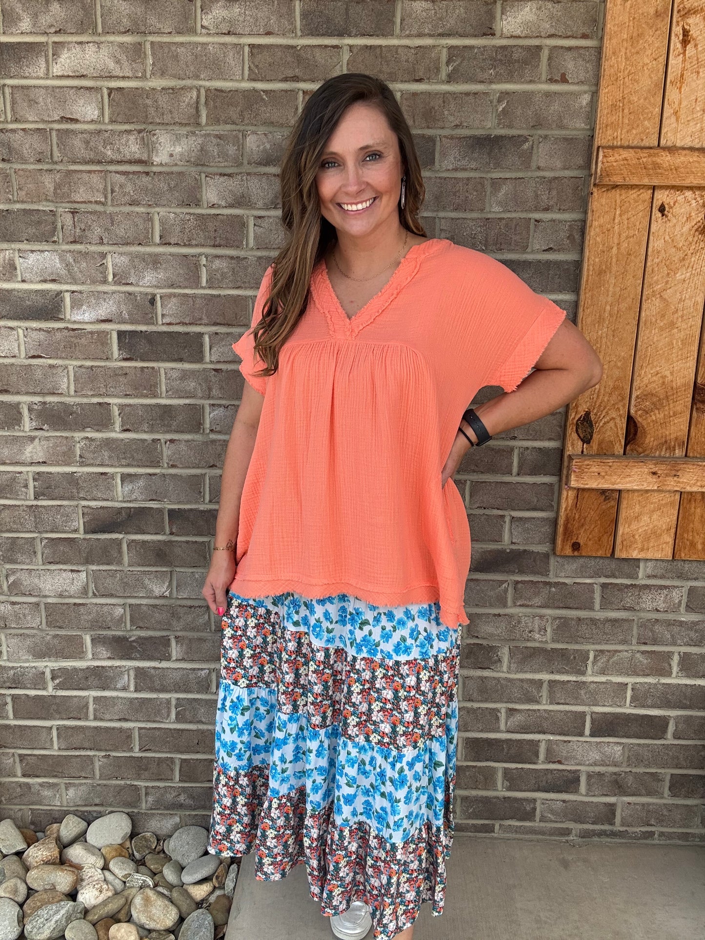 Blue & Coral Floral Tiered Maxi Skirt by Easel
