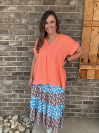 Blue & Coral Floral Tiered Maxi Skirt by Easel