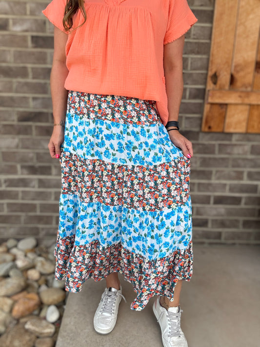Blue & Coral Floral Tiered Maxi Skirt by Easel