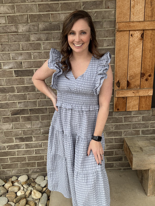 Blue Gray Ruffle Midi Tier Dress by Umgee
