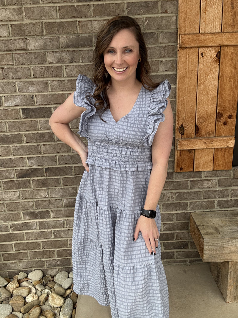 Blue Gray Ruffle Midi Tier Dress by Umgee