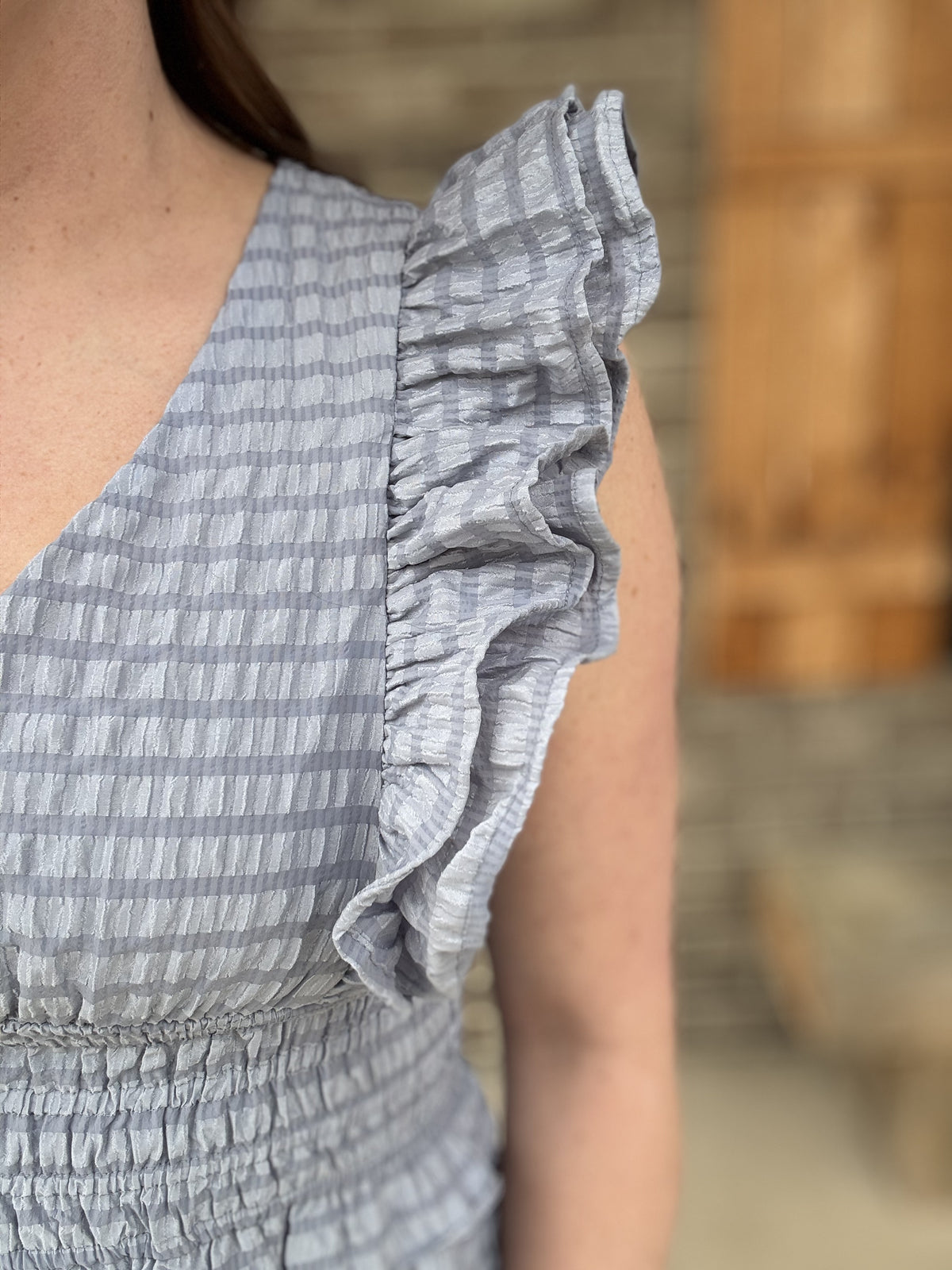 Blue Gray Ruffle Midi Tier Dress by Umgee