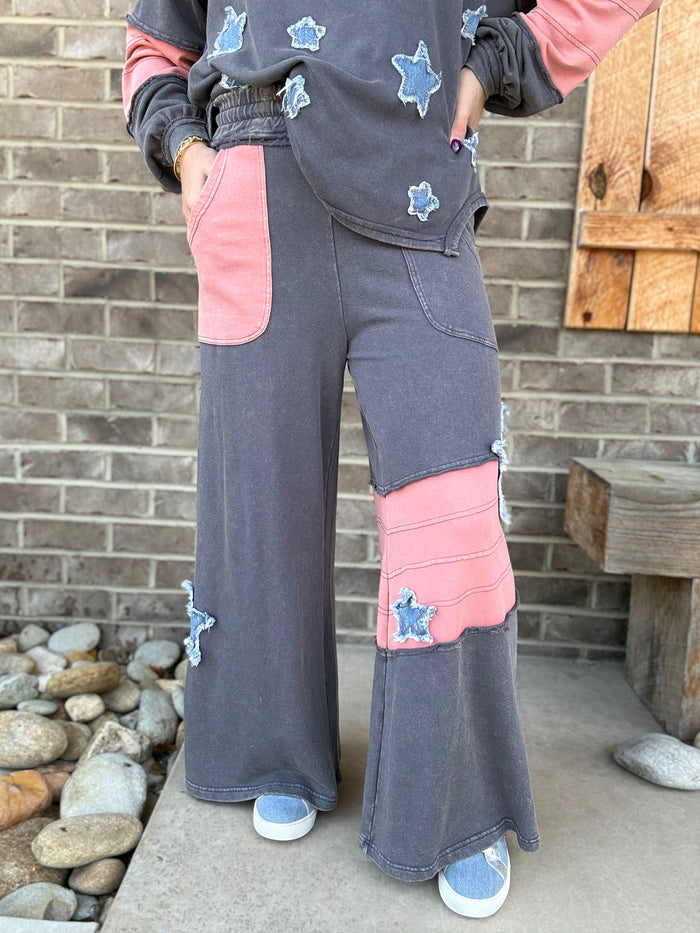 Blue Gray Star Patch Detailing Washed Terry Pants by Easel