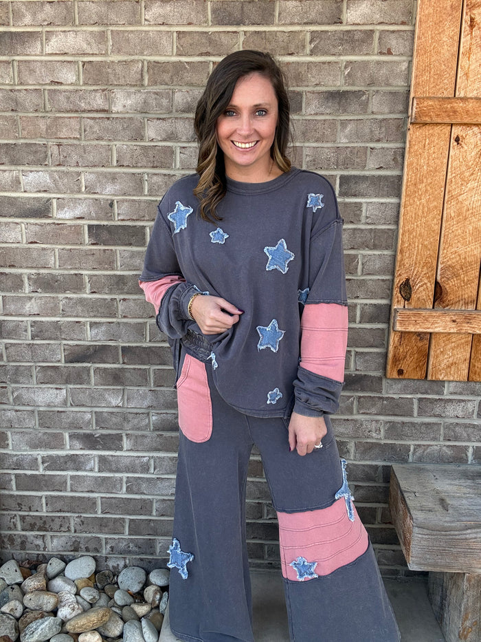 Blue Gray Star Patch Detailing Washed Terry Pants by Easel