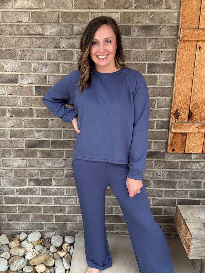 Blue Indigo Scuba Crewneck Pullover & Pants Set by Zenana