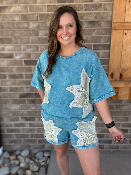 Blue Mineral Wash Star Patchwork Short Sleeve Top w/ Shorts by Oli & Hali *SOLD AS A SET*